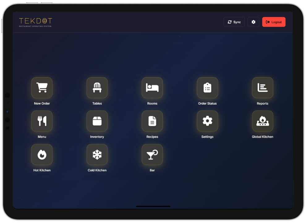 TekDot POS Dashboard showing real-time order management, kitchen display system, and inventory tracking interface